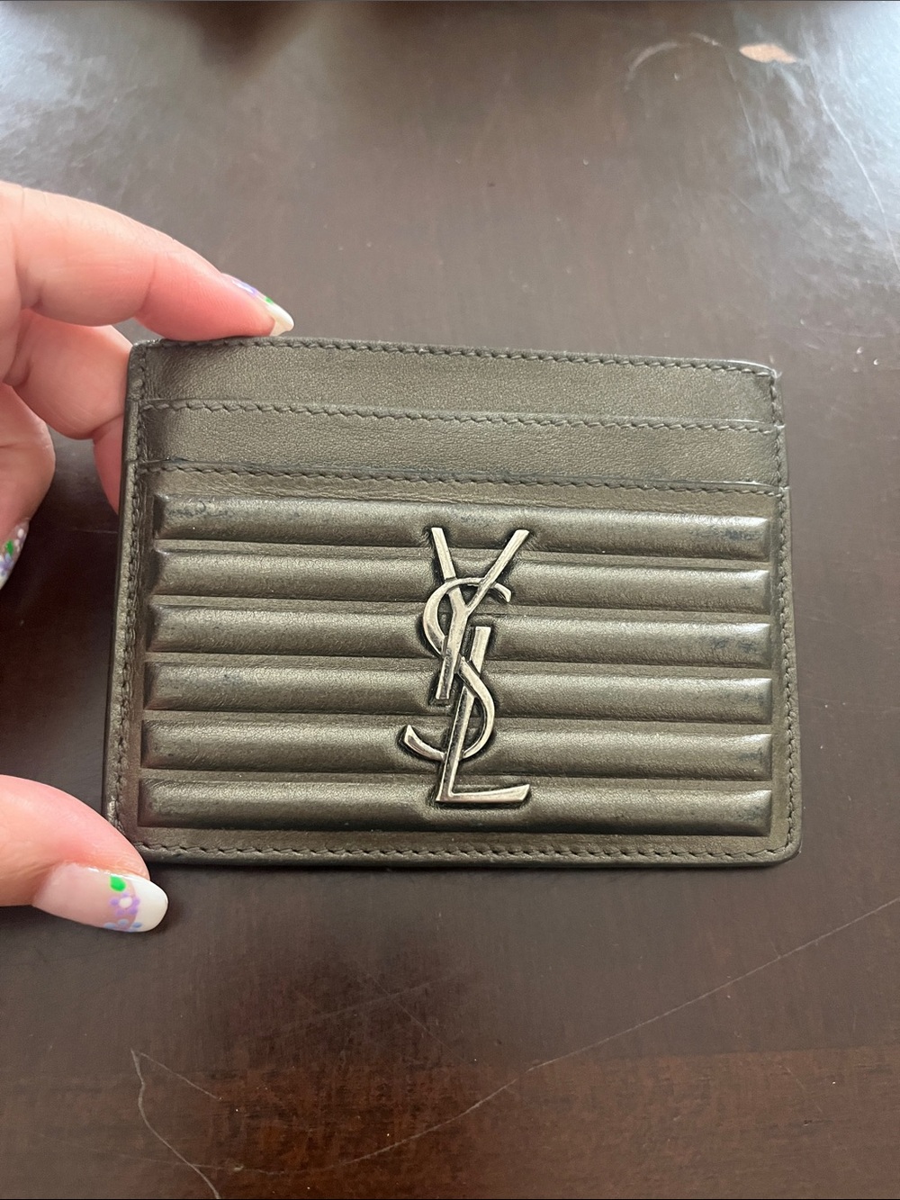 Saint Laurent Quilted Card Holder with YSL Logo in Olive